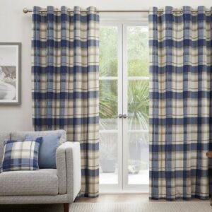 Balmoral Check Navy Blue Eyelet Curtains Hanging In Traditional Room