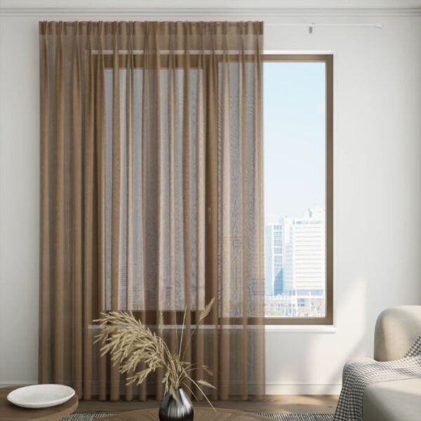 Dark Brown Pleat Sheer Curtains In Bedroom Setting