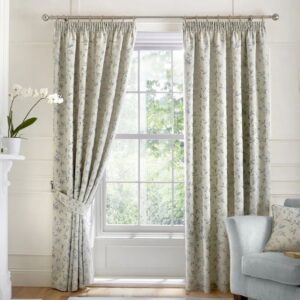 Bird Trail Duck Egg Jacquard Curtains Hanging In Classic Living Room