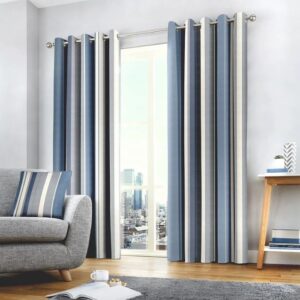 Whiteworth Stripe Blue Curtains Hanging In Living Room