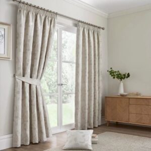 Bramford Natural Fruit Tree Pleat Curtains Hanging In Room