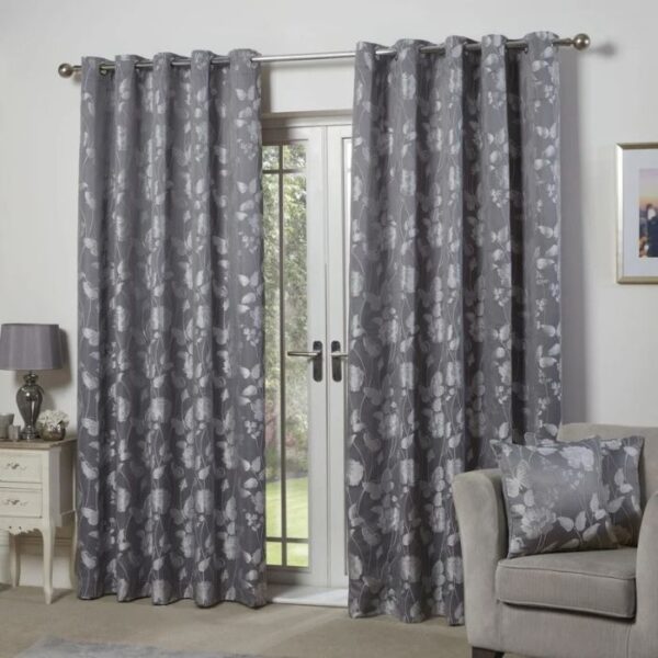 Silver Grey Butterfly Print Curtains Hanging In Room