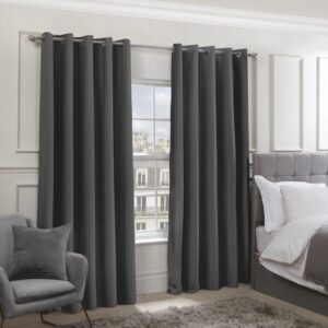 Cali Charcoal Grey Blackout Eyelet Curtains Hanging In Living Room