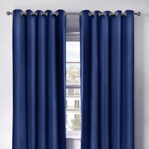 Cali Navy Blue Blackout Eyelet Curtains Hanging In Room