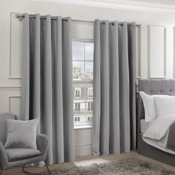 Cali Silver Blackout Curtains Hanging In Modern Bedroom