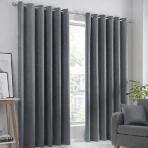 Full View of Strata Charcoal Grey Eyelet Curtains