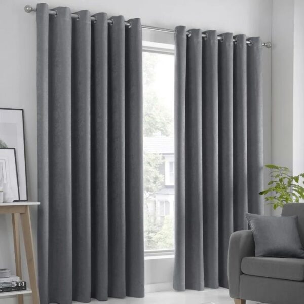 Full View of Strata Charcoal Grey Eyelet Curtains