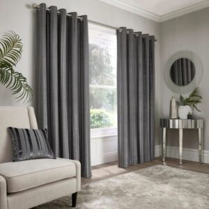 Conrad Slate Velvet Stripe Curtains Hanging In Room Setting
