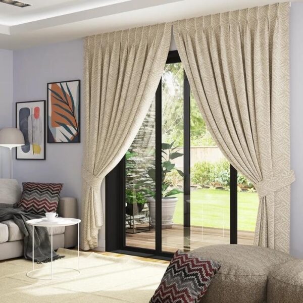 Close-Up Of Beige Fabric Pleat Curtain Texture