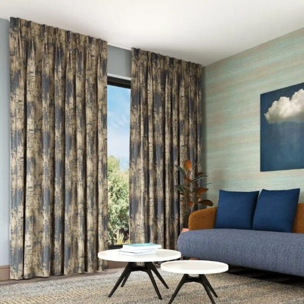 Close-Up Of Blue Pinch Pleat Curtain Fabric Texture