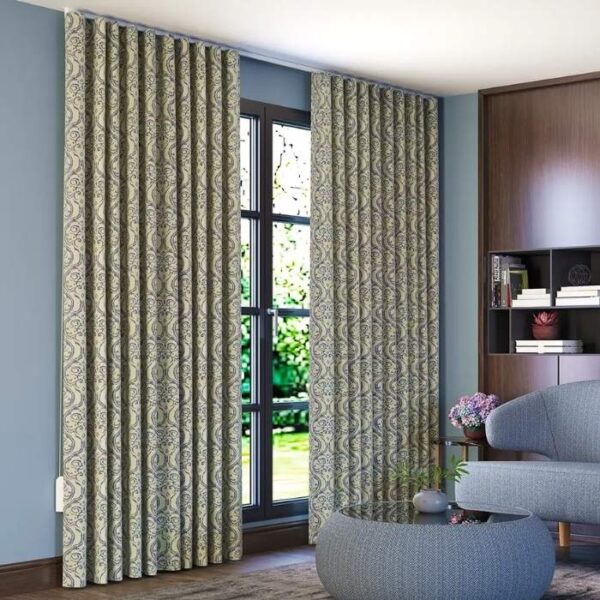 Blue Fabric Ripple Curtain Full View In Room