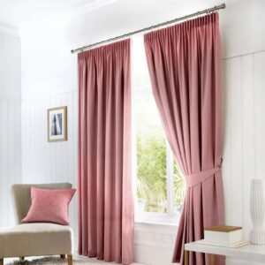Dijon Blush Pink Blackout Pencil Pleat Curtains Hanging In Room
