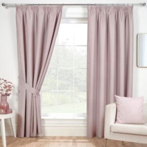 Eclipse Rose Pink Blackout Pencil Pleat Curtains Hanging In Room