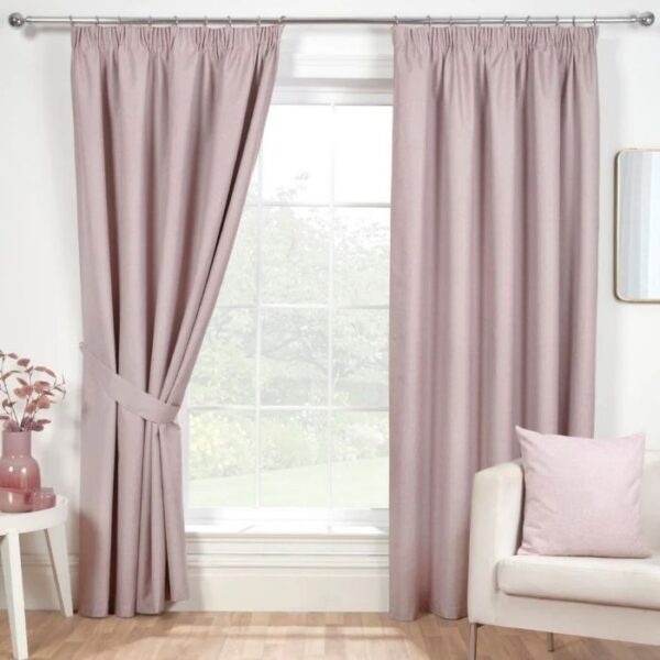 Eclipse Rose Pink Blackout Pencil Pleat Curtains Hanging In Room