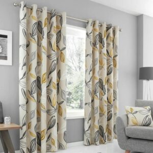 Ensley Ochre Yellow Eyelet Curtains Hanging In Room