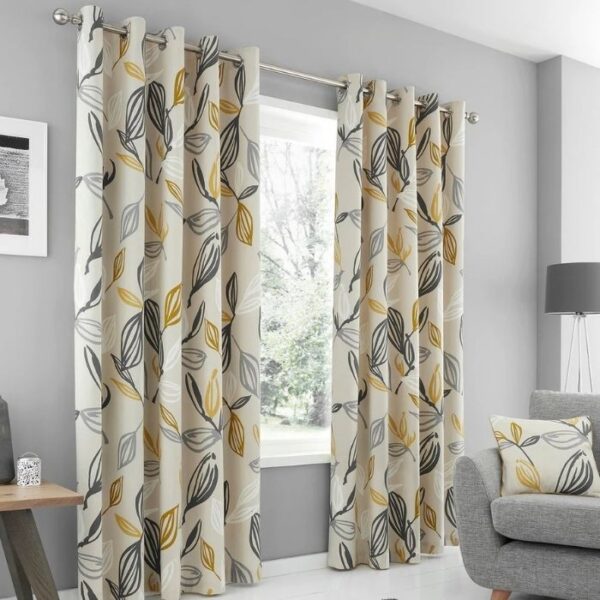 Ensley Ochre Yellow Eyelet Curtains Hanging In Room