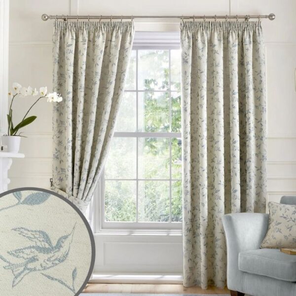 Bird Trail Duck Egg Jacquard Pencil Pleat Curtains - Image 2
