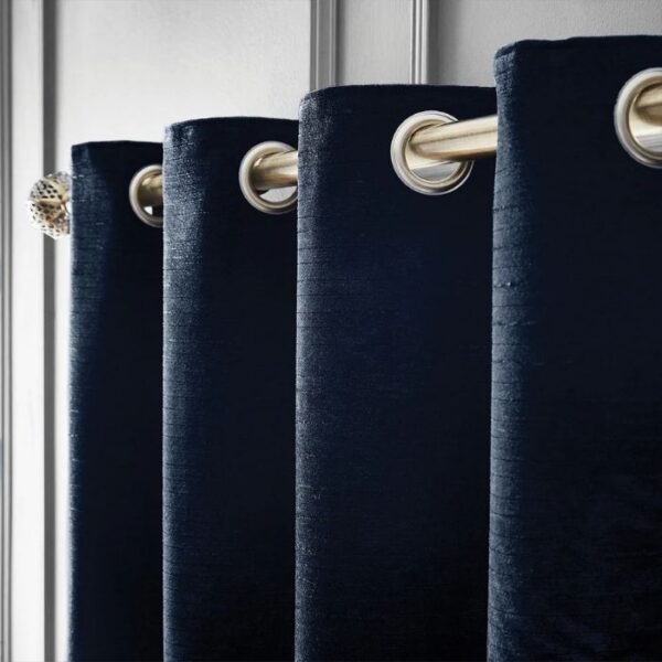Close-Up Of Selene Deep Blue Curtain Fabric And Eyelet Top