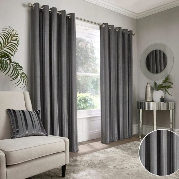 Conrad Slate Velvet Stripe Eyelet Curtains - Image 2