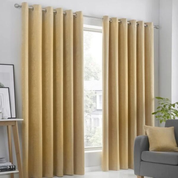 Strata Ochre Yellow Eyelet Curtains Full View
