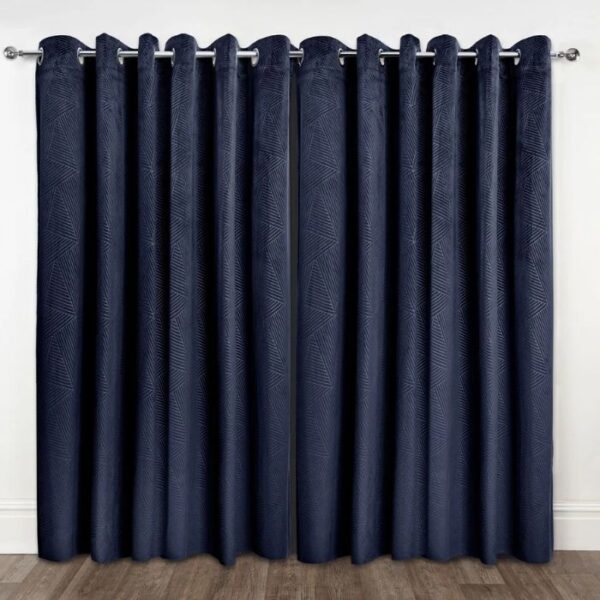 Midnight Navy Blue Embossed Velvet  Blackout Eyelet Curtains - Image 3