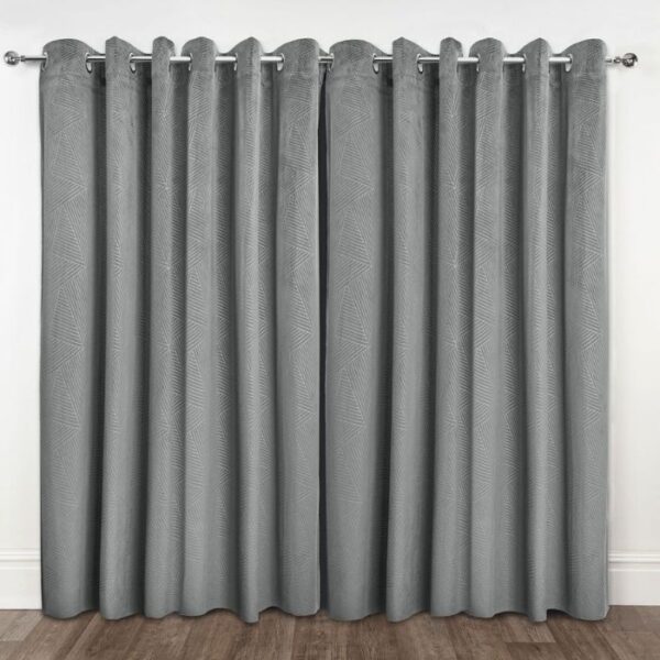 Room View With Closed Midnight Silver Embossed Curtains