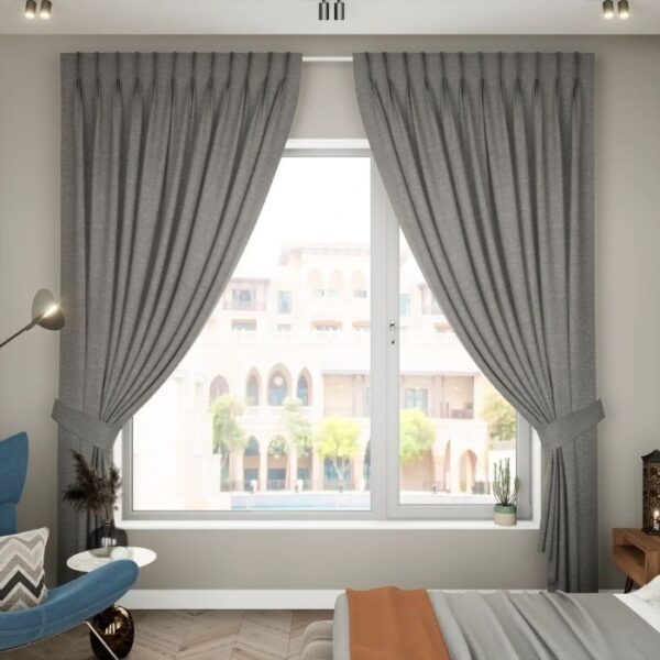 Silver Fabric Pleat Curtains Full Room View