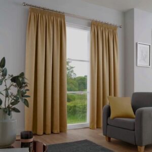 Ochre Yellow Dim-Out Pleated Curtains In Room