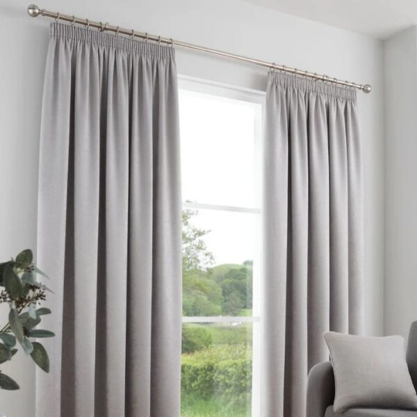 Full View of Galaxy Silver Grey Dim Out Pleat Curtains