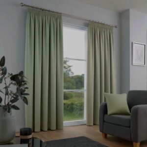 Galaxy Green Dim Out Pleated Curtains In Living Room