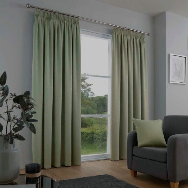 Galaxy Green Dim Out Pleated Curtains In Living Room
