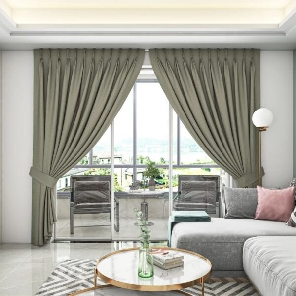 Grey pinch pleat curtain in modern room
