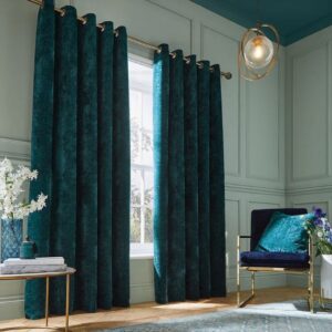 Selene Rich Teal Eyelet Curtains Hanging In Living Room