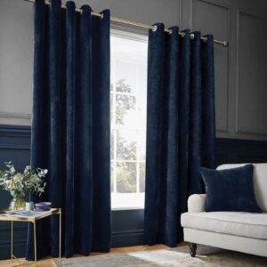 Hyperion Selene Deep Blue Eyelet Curtains Hanging In Elegant Room