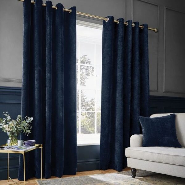 Hyperion Selene Deep Blue Eyelet Curtains Hanging In Elegant Room