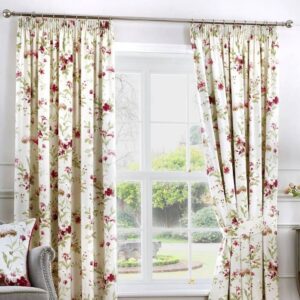 Jeannie Red Floral Pencil Pleat Curtains Hanging In Classic Room