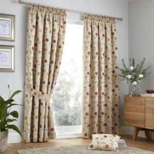Juliette Natural Jacquard Curtains Hanging In Bright Room
