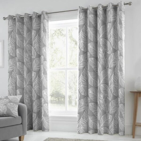 Close-Up Of Matteo Grey Curtain Fabric And Eyelet Rings