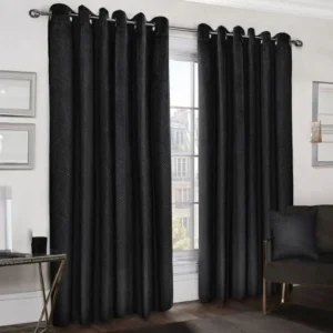 Midnight Black Embossed Velvet Blackout Eyelet Curtains