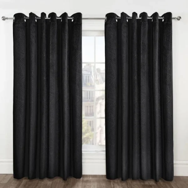 Midnight Black Embossed Velvet Blackout Eyelet Curtains image 1