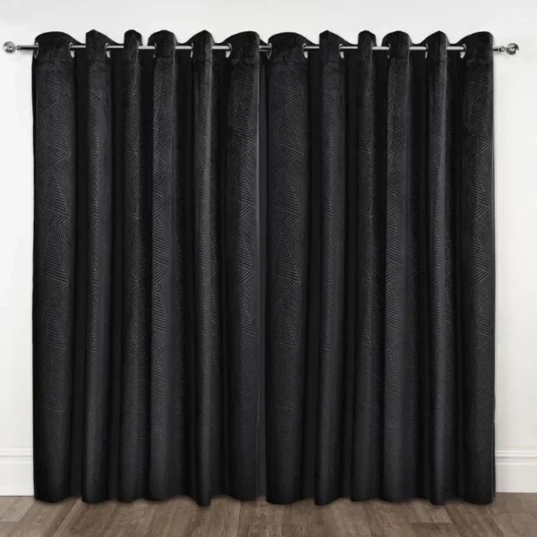 Midnight Black Embossed Velvet Blackout Eyelet Curtains - Image 4