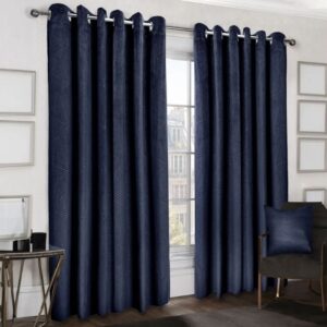 Midnight Navy Blue Embossed Velvet Curtains Hanging In Living Room