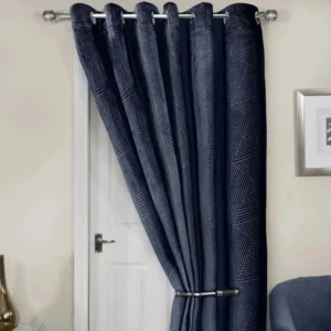 Midnight Navy Blue Embossed Velvet Eyelet Door Curtain