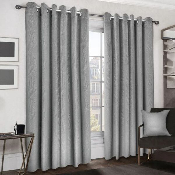 Midnight Silver Embossed Velvet Curtains Hanging In Luxe Living Room