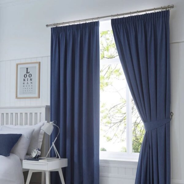 Dijon Navy Blue Blackout Pleated Curtains In Bedroom