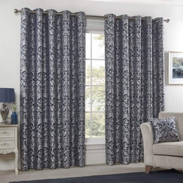 Eden Navy Lined Eyelet Curtains Hanging In Modern Living Room