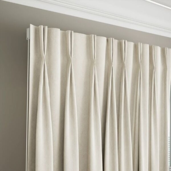Pinch Pleat Detail On Light Brown Blackout Curtain