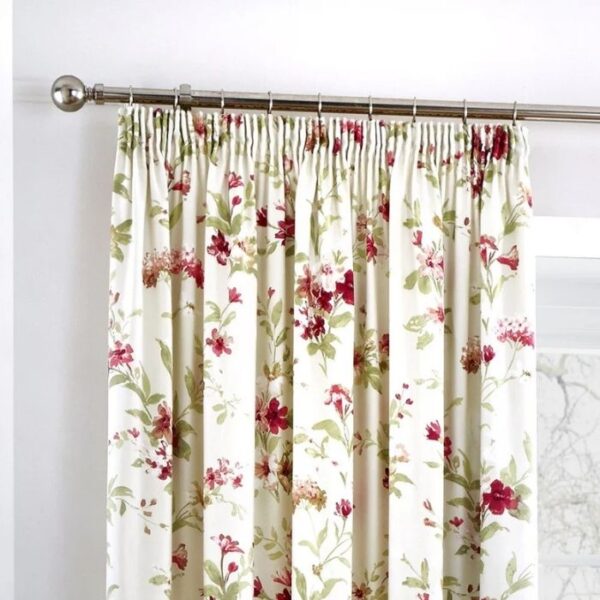 Close-Up Of Red Floral Curtain Fabric And Pleat Top