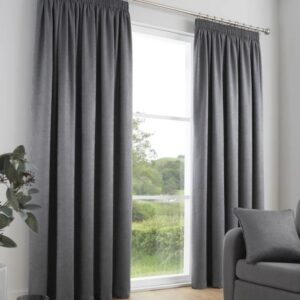 Galaxy Charcoal Grey Dim Out Curtains Hanging In Modern Bedroom