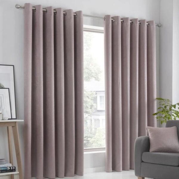 Full View of Strata Pink Dim Out Eyelet Curtains